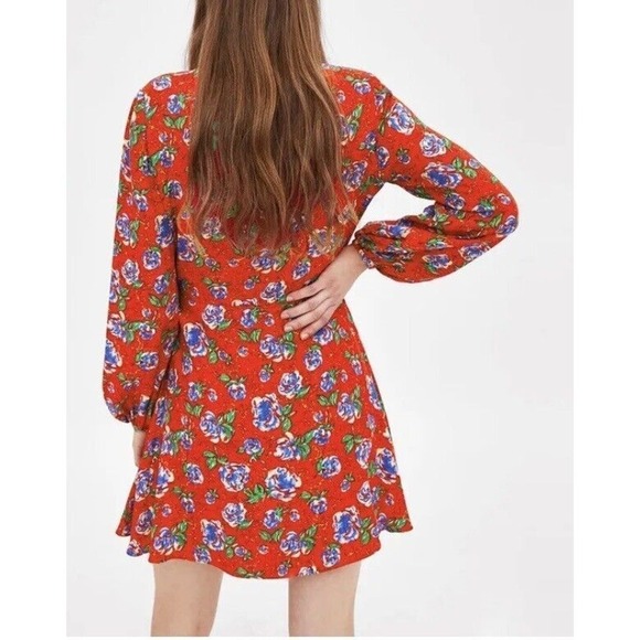 Zara Women Sz S Red Floral Print Long Sleeve V-neck Crossover Mini Romper Dress - Picture 2 of 12
